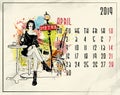 April. 2019 European calendar with fashion girl