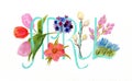 April. Floral lettering. Watercolor postcard.