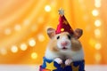 funny hamster in a clown hat, circus performer, big smile and laughter