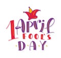 1 April fool's day -colored lettering isolated on white background. Lettering with purple and red colors and doodle