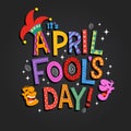 April Fool`s Day design with hand drawn decorative lettering, laughing cartoon faces Royalty Free Stock Photo