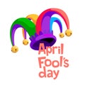 April Fool s day lettering with colorful jester hat isolated on white background Royalty Free Stock Photo