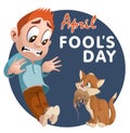 April Fool`s joke with cat, rat and shocked boy