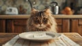 April Fool's Day Prank. Cat Is Tricked with an Empty Bowl Featuring a Cheeky Smiley. AI Generated