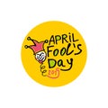 April Fools Day. 2019. Cartoon style graphics marker drawn. Logo on a round yellow sticker with a jester on a spring. Royalty Free Stock Photo