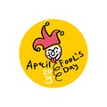 April Fools Day. 2019. Cartoon style graphics marker drawn. Logo on a round yellow sticker with a jester on a spring. Royalty Free Stock Photo
