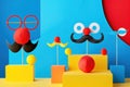 April Fools Day celebration background with funny glasses, horns, red noses , and paper mustaches . Royalty Free Stock Photo