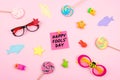 April Fools ' Day celebration background with paper fish, sticky note and decor on pink background. All Fools ' Day, humor, prank, Royalty Free Stock Photo