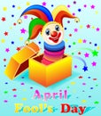 April Fools Day with a cheerful clown out of the bo