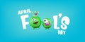 April Fools day funky horizontal banner with silly green clown monster character isolated on blue background. 1 st april