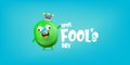 April Fools day funky horizontal banner with silly green clown monster character isolated on blue background. 1 st april