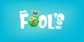 April Fools day funky horizontal banner with silly green clown monster character isolated on blue background. 1 st april