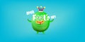 April Fools day funky horizontal banner with silly green clown monster character isolated on blue background. 1 st april