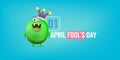 April Fools day funky horizontal banner with silly green clown monster character isolated on blue background. 1 st april