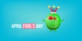 April Fools day funky horizontal banner with silly green clown monster character isolated on blue background. 1 st april