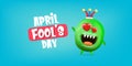 April Fools day funky horizontal banner with silly green clown monster character isolated on blue background. 1 st april