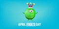 April Fools day funky horizontal banner with silly green clown monster character isolated on blue background. 1 st april