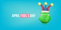 April Fools day funky horizontal banner with silly green clown monster character isolated on blue background. 1 st april