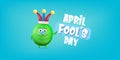 April Fools day funky horizontal banner with silly green clown monster character isolated on blue background. 1 st april