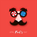 1 April Fools Day. Funny Crazy Mask Glasses. Black mustache and eyebrow, surface nose in paper cut style on red. Royalty Free Stock Photo
