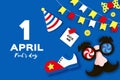 1 April Fools day. Funny Crazy Mask Glasses. Kick me prank paper sticker. Clown shoes and bow in paper cut style on blue