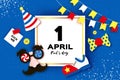 1 April Fools day. Funny Crazy Mask Glasses. Kick me prank paper sticker. Clown shoes and bow in paper cut style on blue