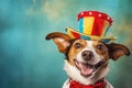 funny dog in a clown hat, circus performer, trained animal, big smile and laughter Royalty Free Stock Photo