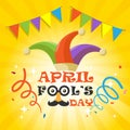 April Fools Day with funny glasses, nose mustache and clown hat