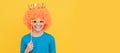 april fools day. happy childhood. girls birthday party. happy funny kid in curly wig and crown. Funny teenager child in Royalty Free Stock Photo