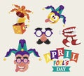 april fools day lettering with five icons Royalty Free Stock Photo