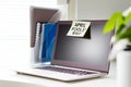 April Fools` Day note on laptop at work. Royalty Free Stock Photo