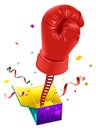 April Fools day. Red boxing glove on spring flies out of box. April Fools joke Royalty Free Stock Photo