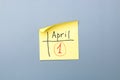 April fools day reminder on yellow sticky note. be aware and do not let be fooled