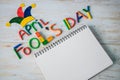 April Fools` Day text made with plasticine and free space in note