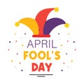 April Fools Day vector cartoon style illustration, card with colorful jester hat and confetti