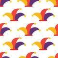 April Fools Day vector cartoon style seamless pattern background with cute colorful jester hats