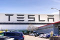 April 12, 2019 Fremont / CA / USA - Exterior view of Tesla Factory located in East San Francisco bay area, California; Tesla logo