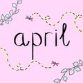 April. Illustration light colors image. Spring season card. Poster with green leaves, violet flying dragonflies insects. Pink Royalty Free Stock Photo