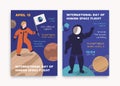12 april international day of human space flight poster with place for text. Cartoon astronaut at spacesuit stand on