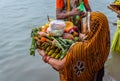 An unidentified Indian woman praying to River Ganga/ Ganges. Royalty Free Stock Photo