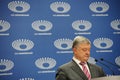 Petro Poroshenko arrived at Olimpiyskiy Stadium for a presidential election debate with Volodymyr Zelenskiy. Royalty Free Stock Photo