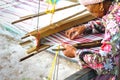 April 07, 2018 - Mahasarakham province , THAILAND : Old Thai woman using traditional household weaving machine or hand weaving lo