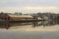 3 April 2018 Methodist College boathouse on the calm waters of the River Lagan Northern Ireland on a cool spring evening