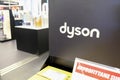 April 2023 Milan, Italy: Dyson logo icon and Dyson products closeup in the electronic store