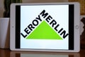 April 2022 Milan, Italy: Leroy Merlin logo icon close-up on tablet screen. Leroy Merlin brand illustrative icon