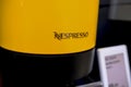 April 2023 Milan, Italy: Nespresso logo icon closeup in the electronic store. Nespresso coffee machine closeup