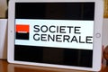 April 2022 Milan, Italy: Societe Generale company logo icon close-up on tablet screen. Societe Generale illustrative brand icon