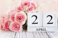 April 22nd Calendar Blocks with Pink Ranunculus Royalty Free Stock Photo