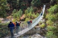 8 April 2018 - Nepal ::trekker cross the river by suspension bridge Royalty Free Stock Photo