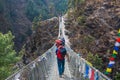 8 April 2018 - Nepal ::trekker cross the river by suspension bridge Royalty Free Stock Photo